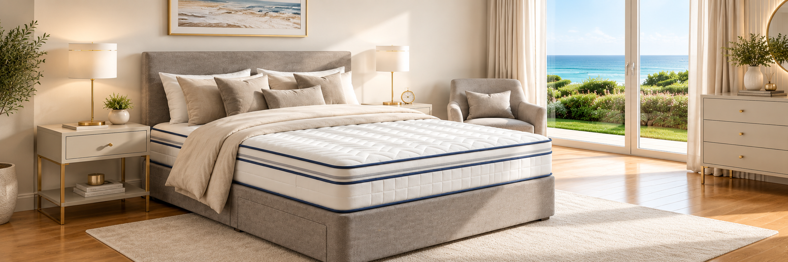Premium mattress styled in a calm, comfortable bedroom