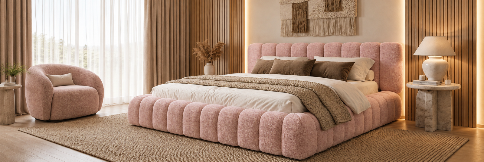 Tailored upholstered bed frame with a tall headboard