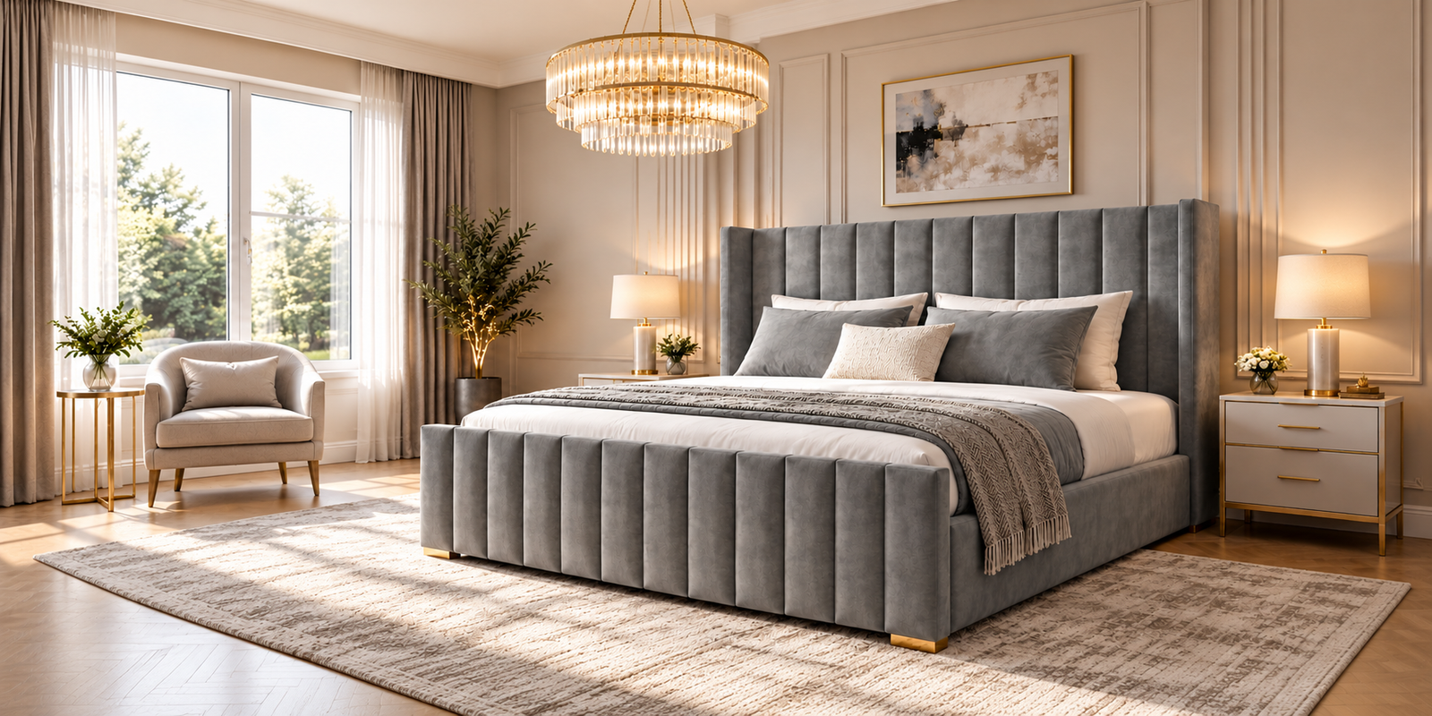 Slatted Ottoman Bed styled in a modern bedroom with the storage base lifted
