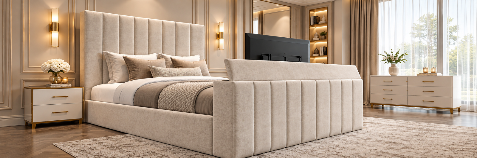 TV bed with the television lift mechanism raised, styled in a modern bedroom
